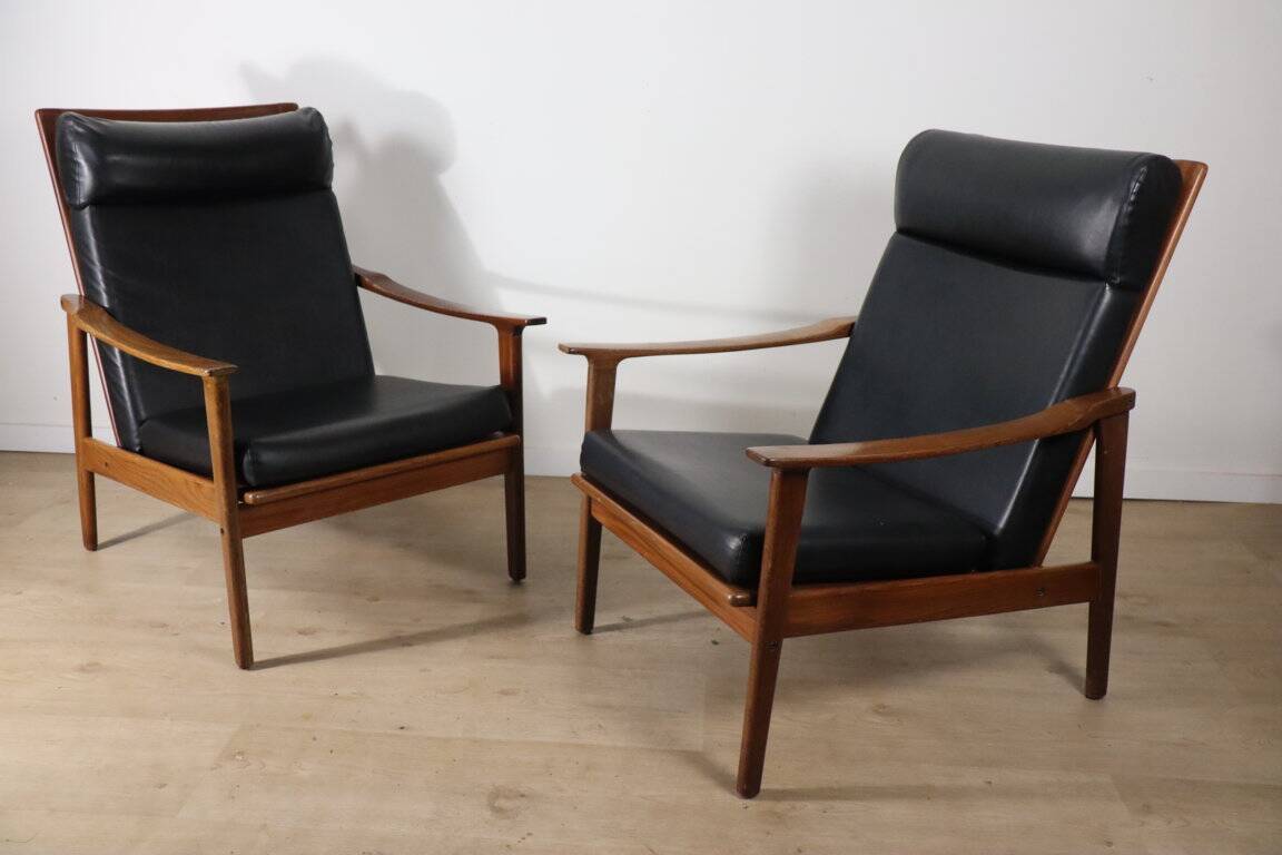 Pair of Scandinavian teak and leatherette armchairs, 1960