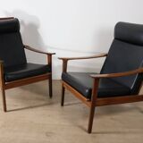 Pair of Scandinavian teak and leatherette armchairs, 1960