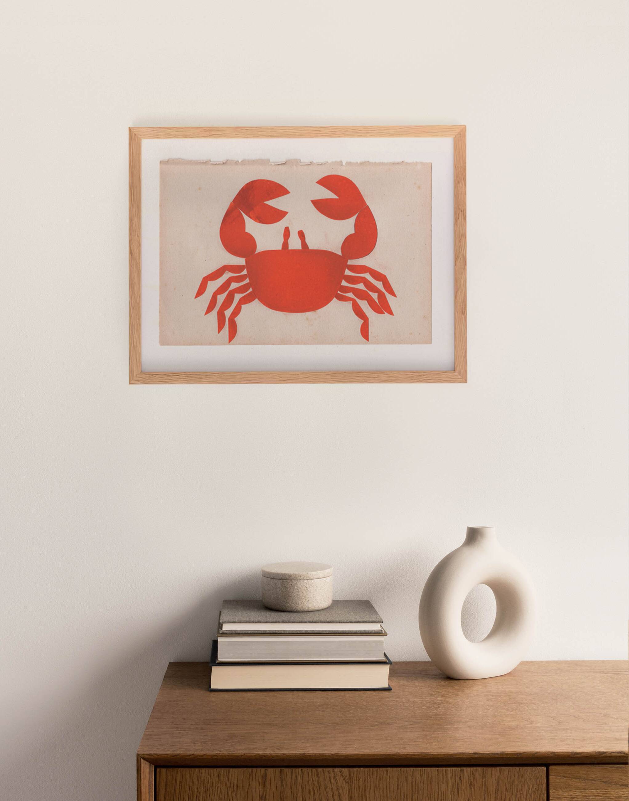 Collage on old paper, illustration of a red crab signed Eawy