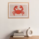 Collage on old paper, illustration of a red crab signed Eawy