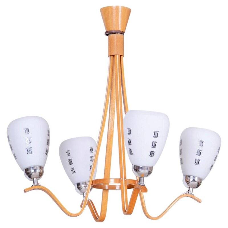 Mid-Century Chandelier in Beech and Glass from Dřevo Humpolec, Czech Republic, 1960s