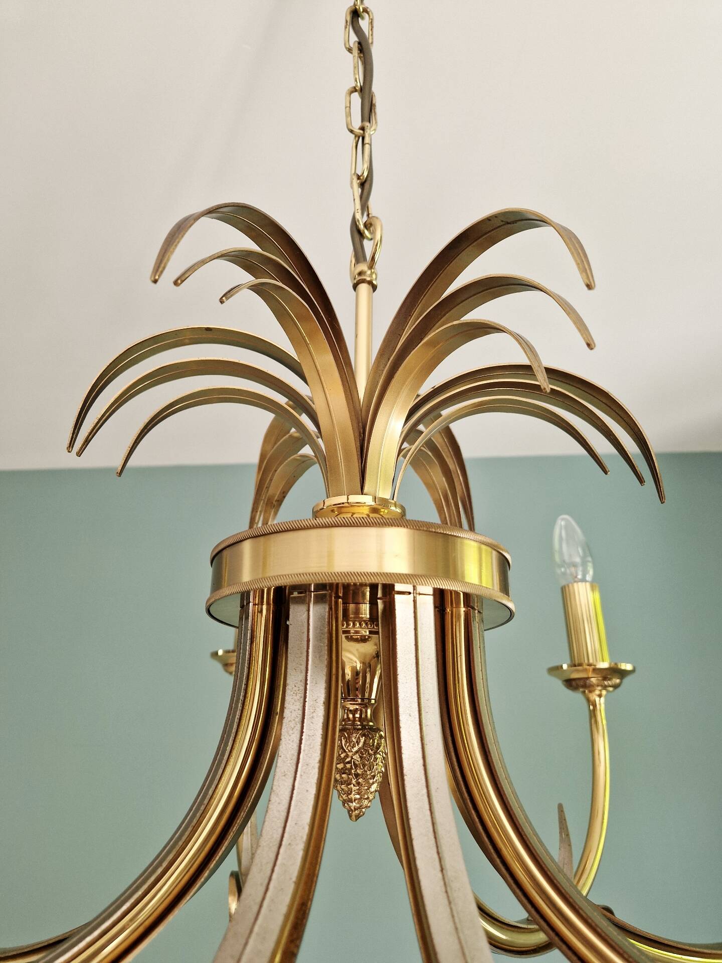 Brass chandelier, pineapple leaf decoration, Boulanger, 1970