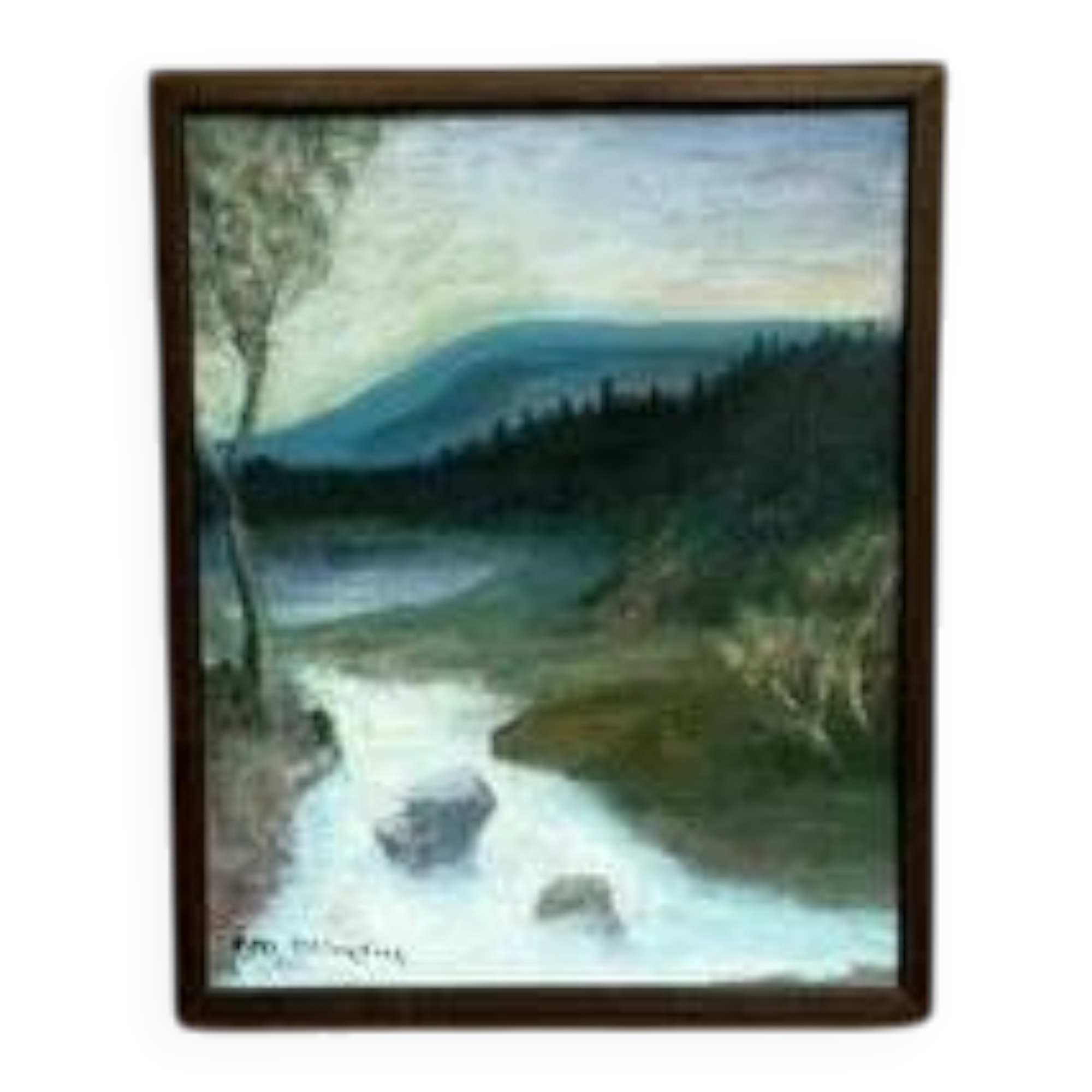 Mid-Century Oil on Canvas “River” by Unknown Artist, Vintage & Framed 36×45cm