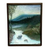 Huile sur toile du milieu du siècle "Rivière" par un artiste inconnu, vintage et encadrée 36×45cm