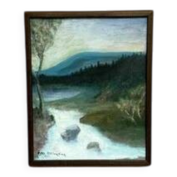 Mid-Century Oil on Canvas “River” by Unknown Artist, Vintage & Framed 36×45cm