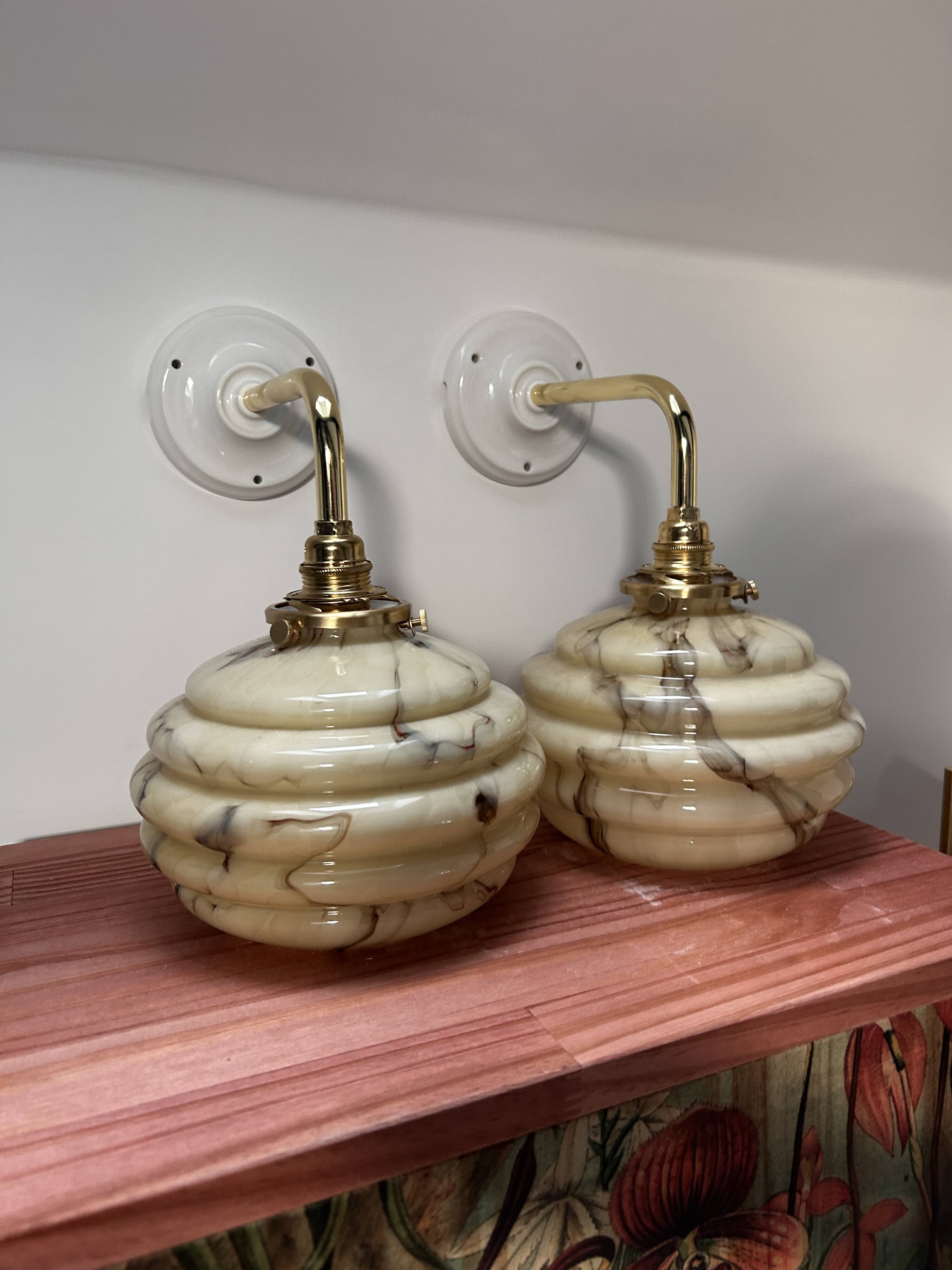 Pair of vintage marbled opaline globe wall lights
