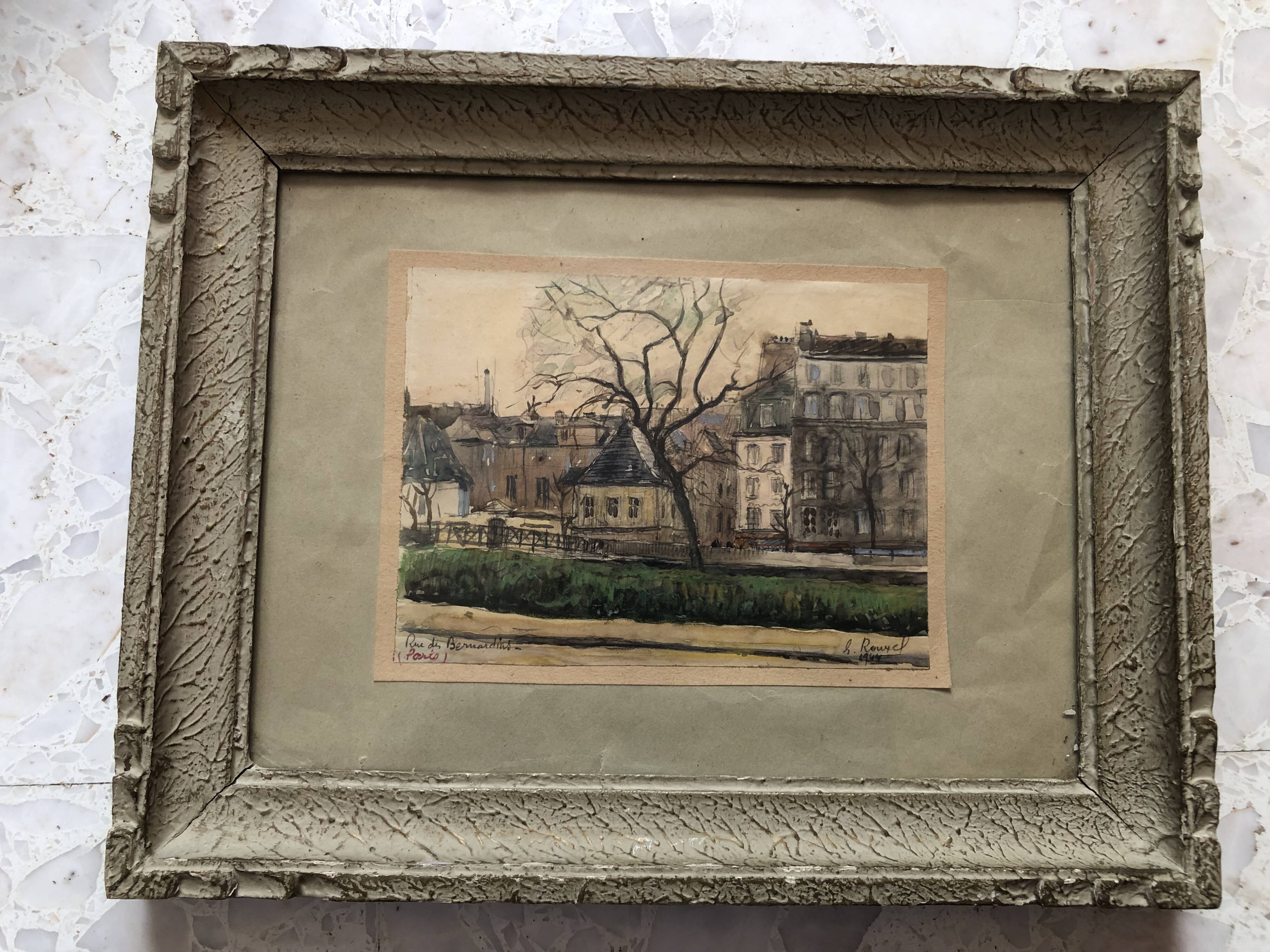 Watercolor on paper: rue des bernardins paris signed rouxel 1944, frame, quai tournelle seine 75
