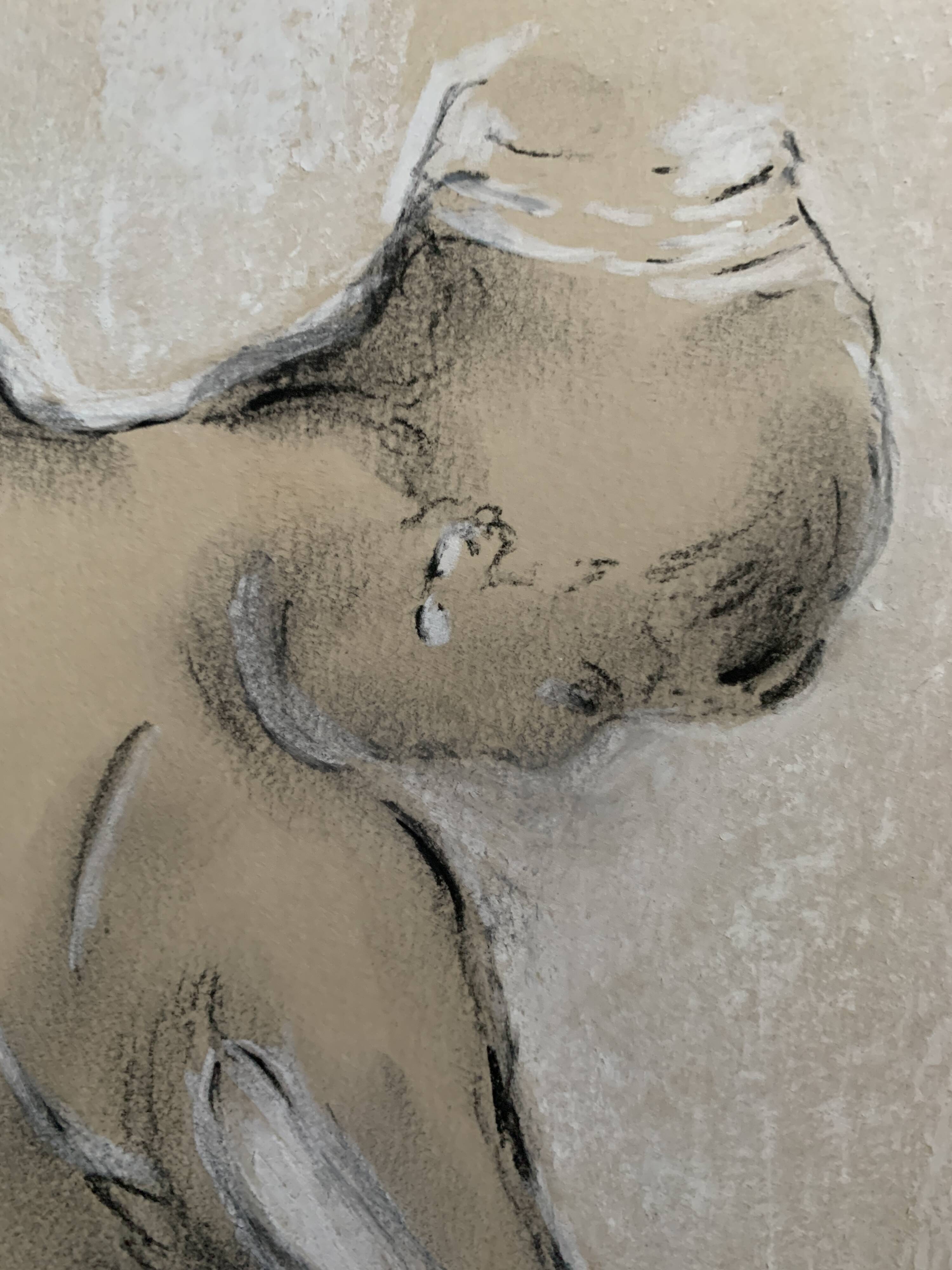 Signed charcoal pastel white portrait of a woman "the white towel"