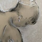 Signed charcoal pastel white portrait of a woman "the white towel"