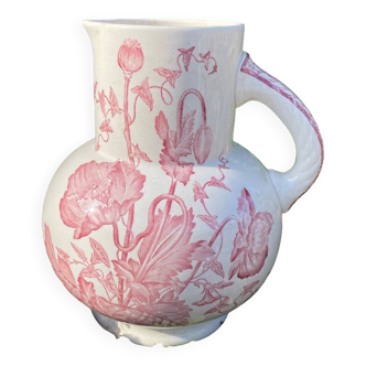 Large Longchamps earthenware jug decorated with flowers and poppy leaves