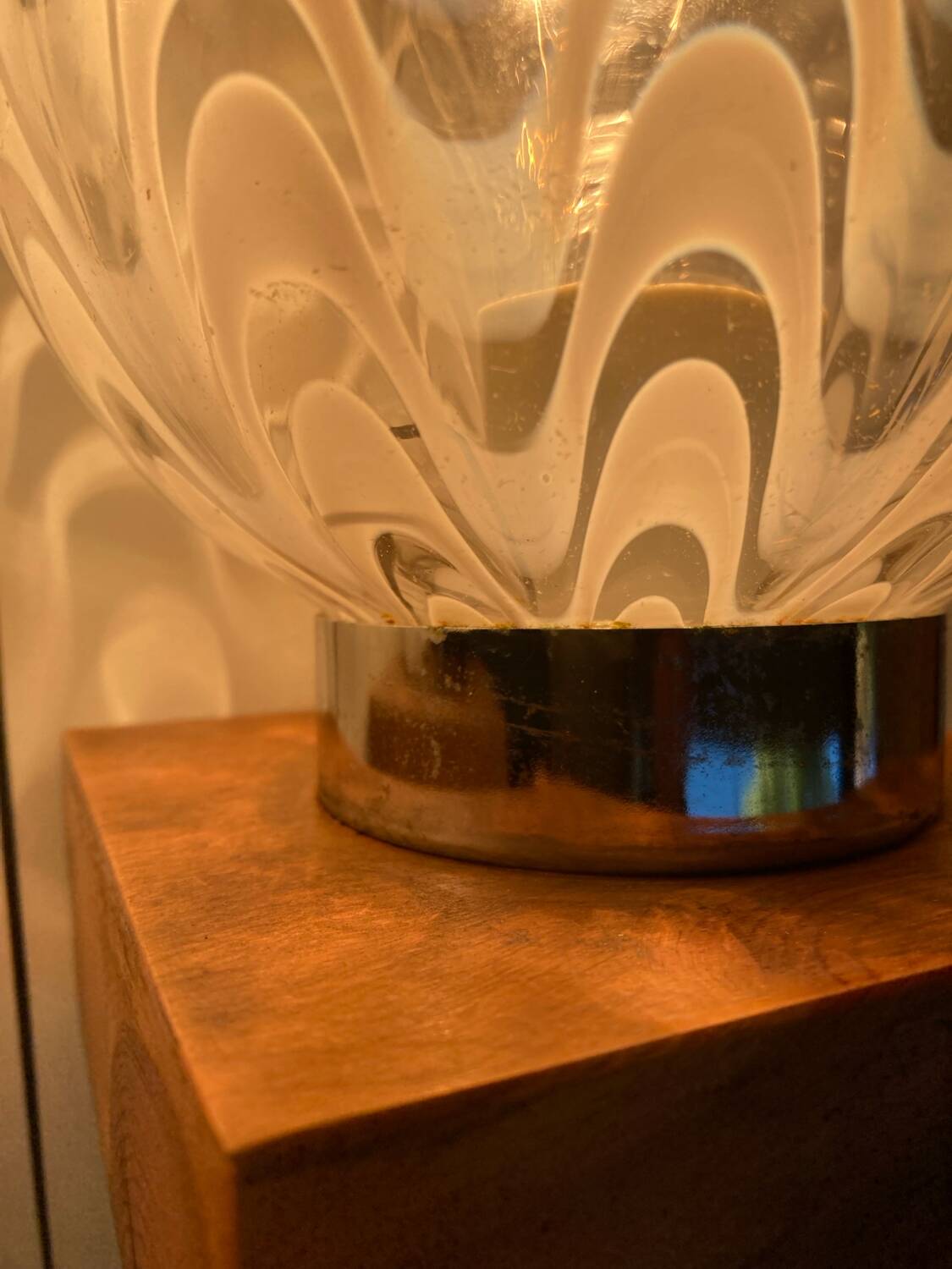 Pair of vintage 80s glass globe table lamps with wooden base
