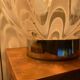 Pair of vintage 80s glass globe table lamps with wooden base