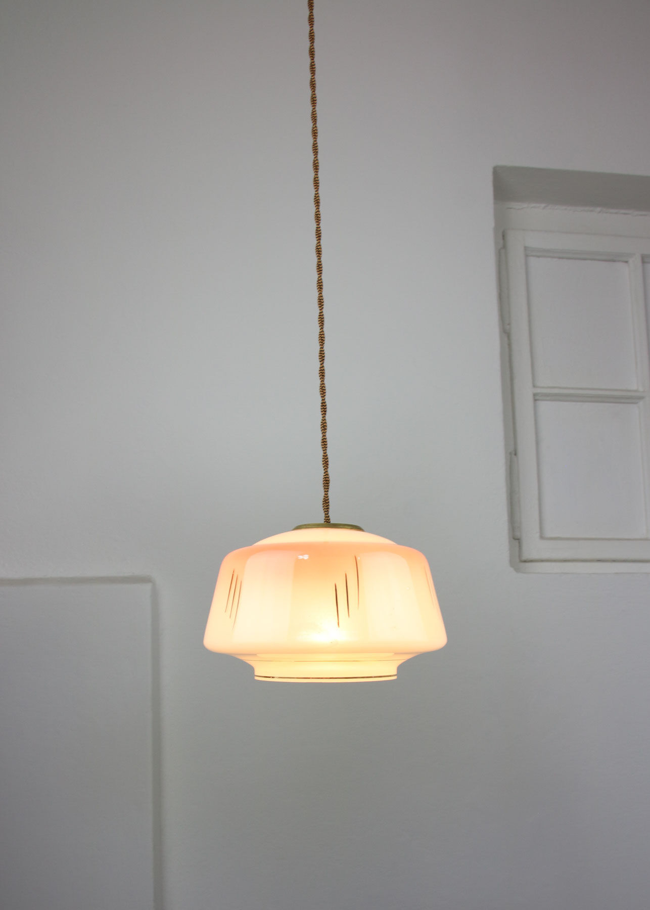 Vintage glass & brass salmon pendant lamp