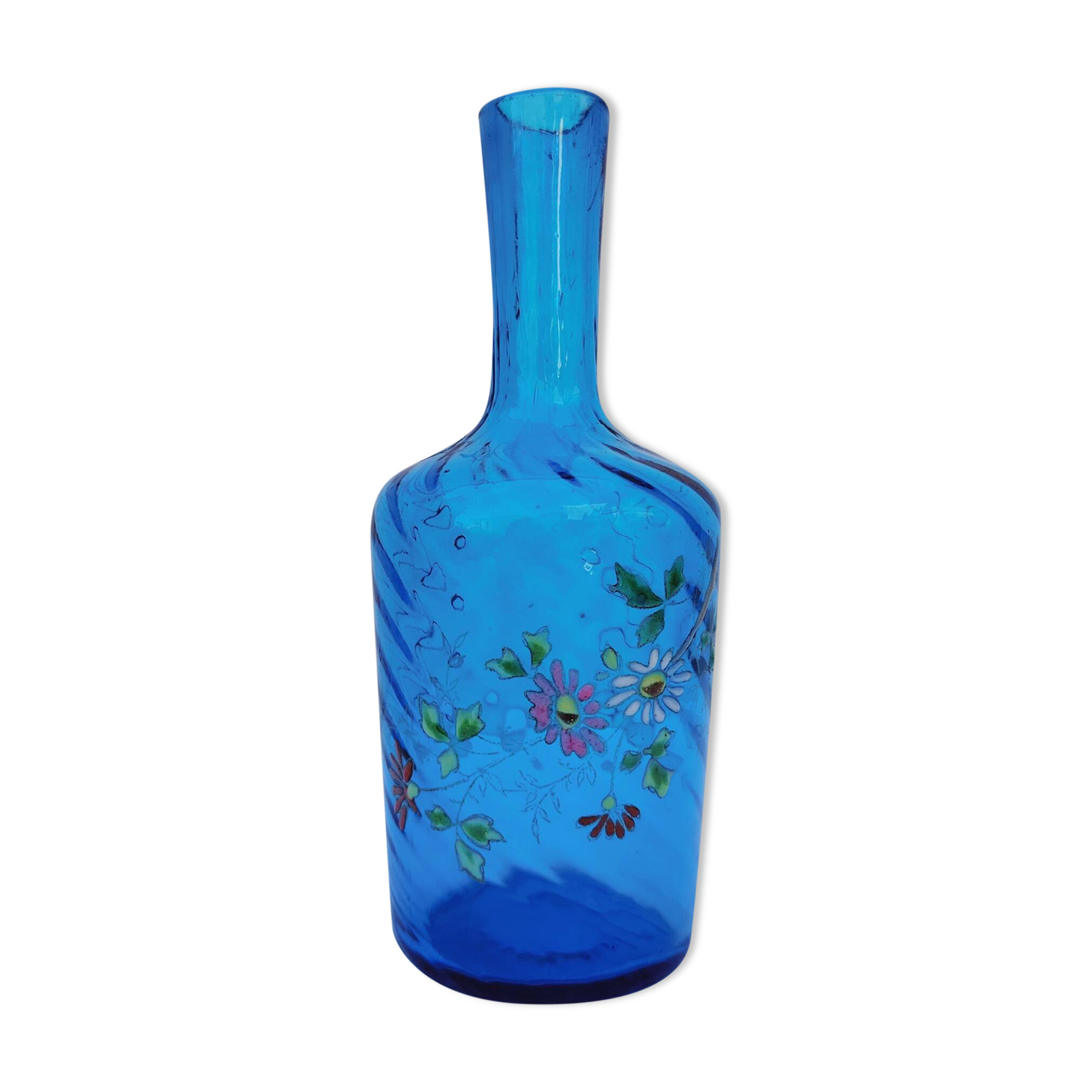 Vintage twisted blue glass carafe with enamel decoration.