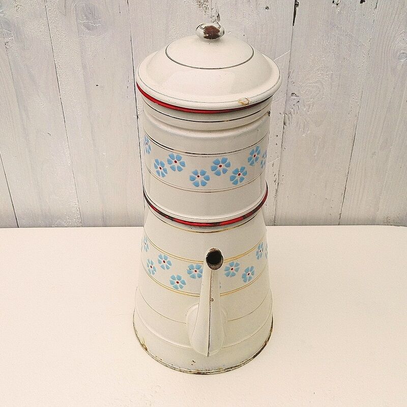 Cafetière émaillée blanche fleurs vintage