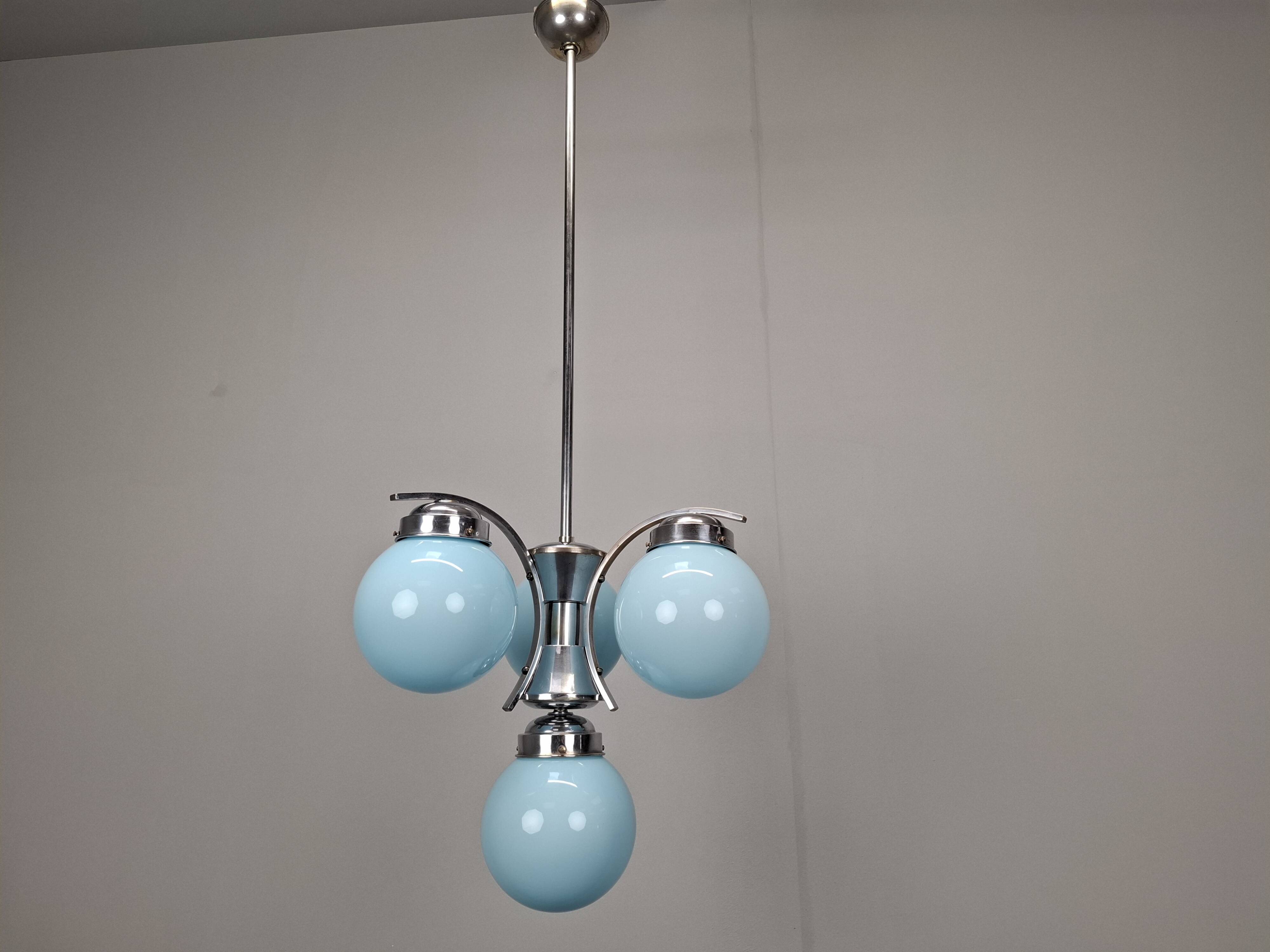 1930s Czech Art Deco Blue Opaline Glass and Chrome Four-Light Chandelier