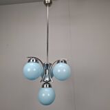 1930s Czech Art Deco Blue Opaline Glass and Chrome Four-Light Chandelier