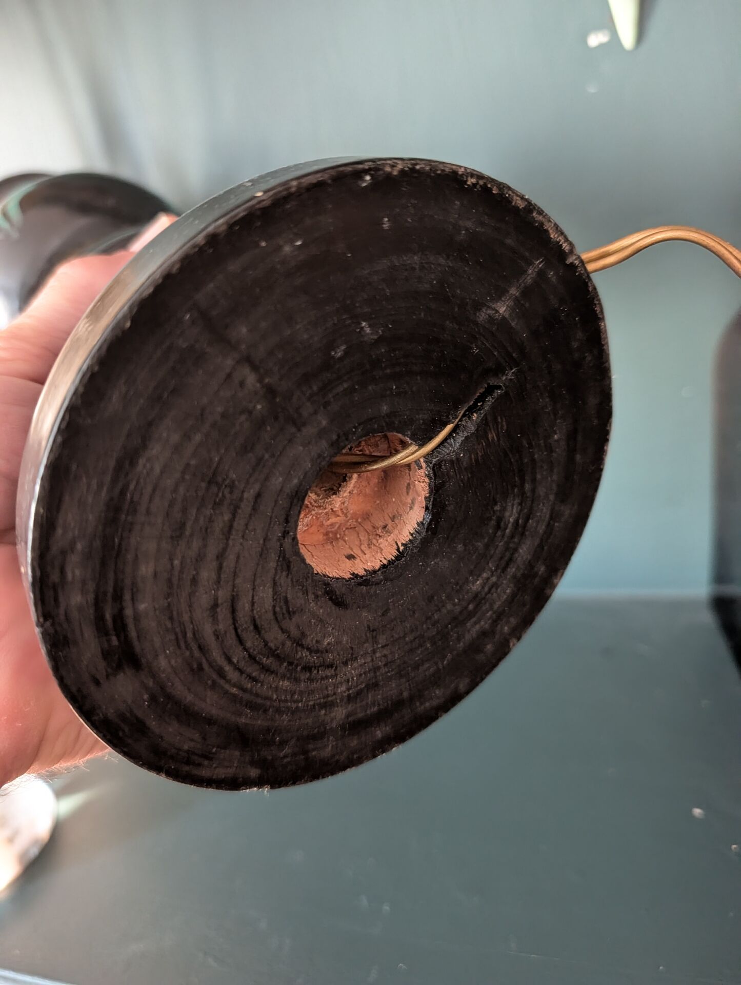 Black turned wooden lamp base – painted floral decoration – 1950s/60s