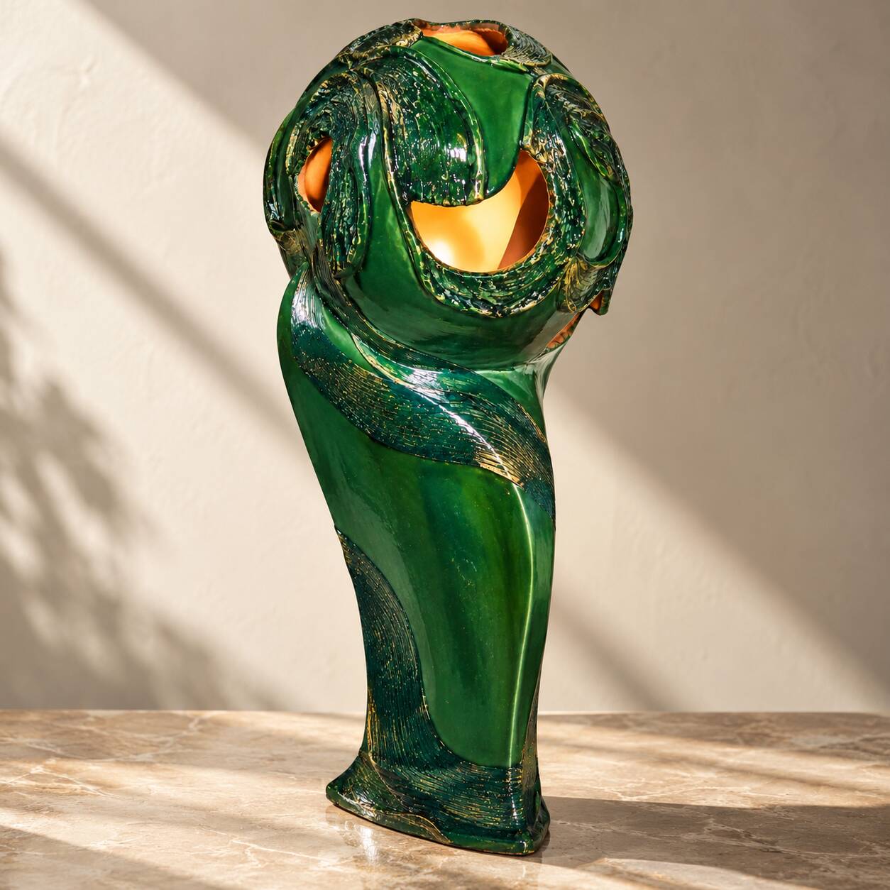 ‘Head’ sculpture lamp, glazed ceramic, vintage, Poland, 20th century