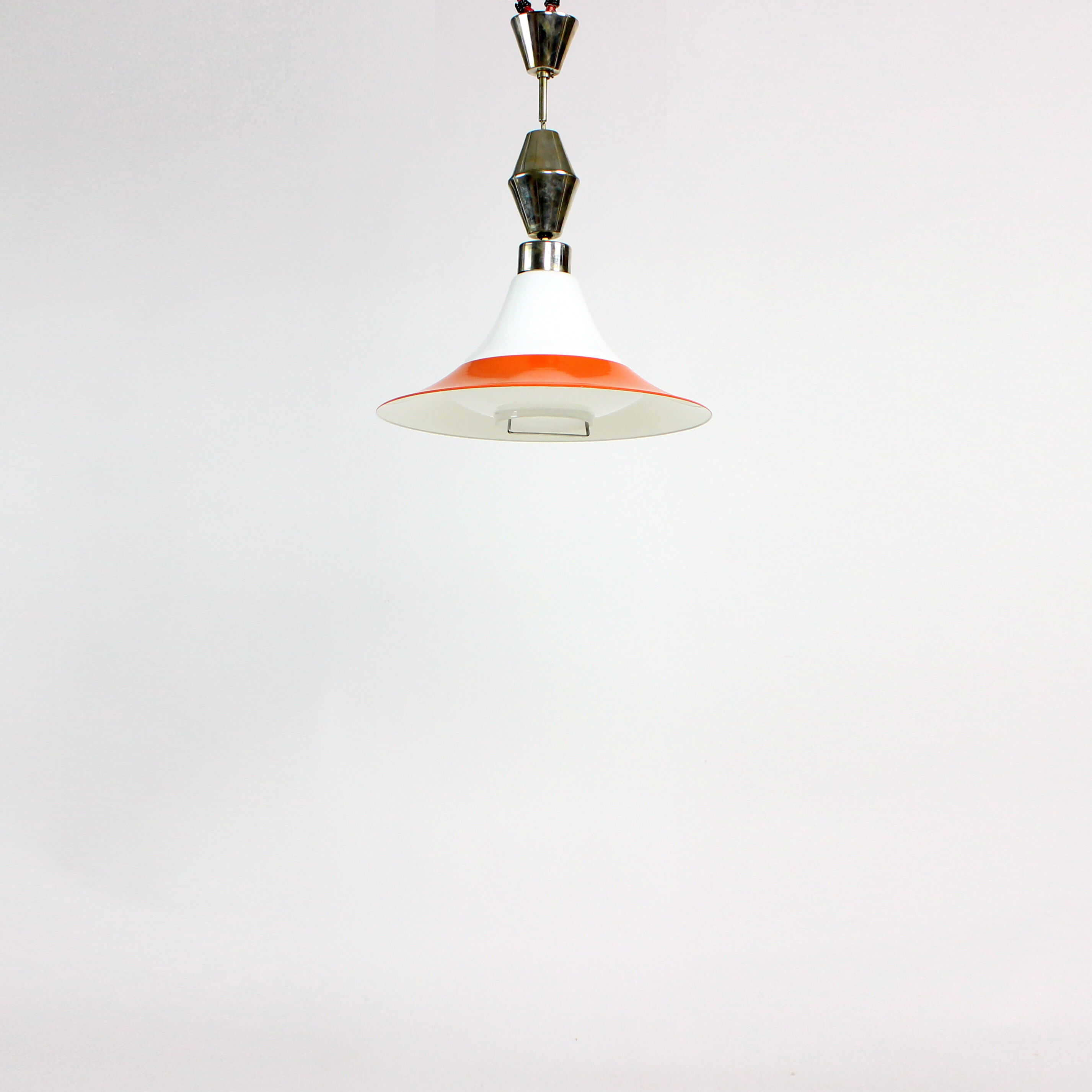 Midcentury ceiling pull down light in white opaine & brass, Czechoslovakia 1960s