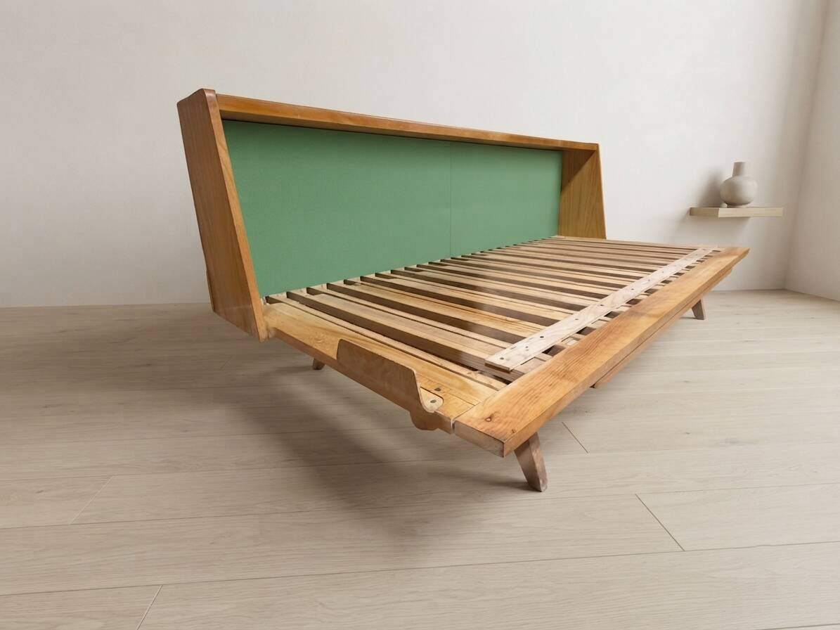 Mid-century wooden folding sofa bed frame, extendable daybed, Czechoslovakia, 190 × 151 × 77 cm
