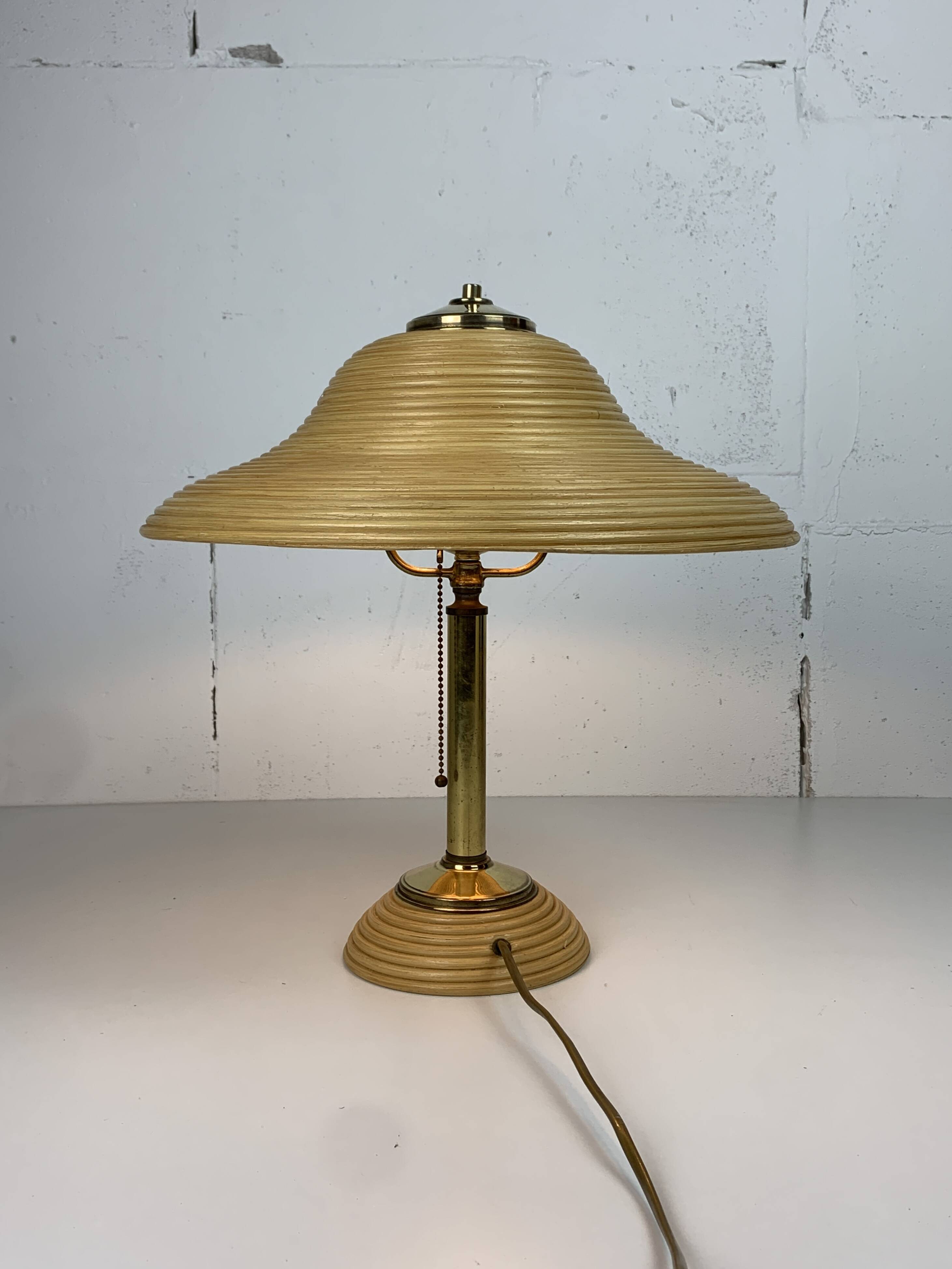 Pencil reed rattan bamboo and brass table lamp, Italy, 1970s