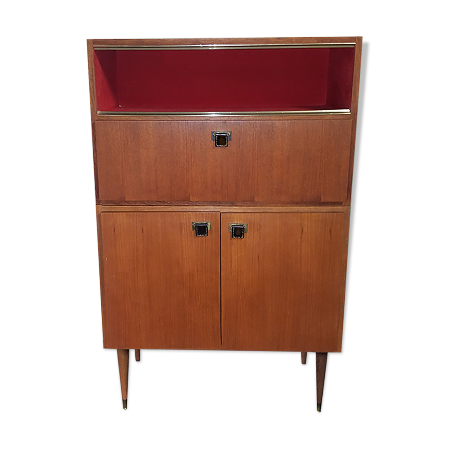 Teak bar cabinet and teak veneer, saddle leather and brass handles