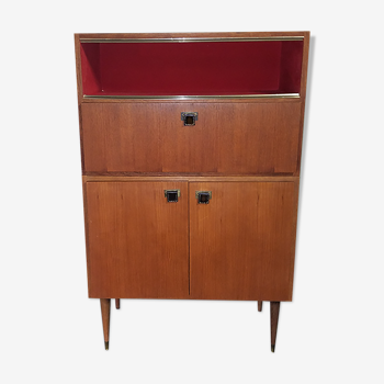 Teak bar cabinet and teak veneer, saddle leather and brass handles