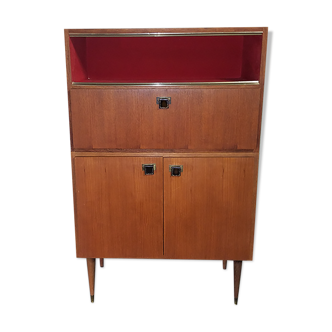 Teak bar cabinet and teak veneer, saddle leather and brass handles