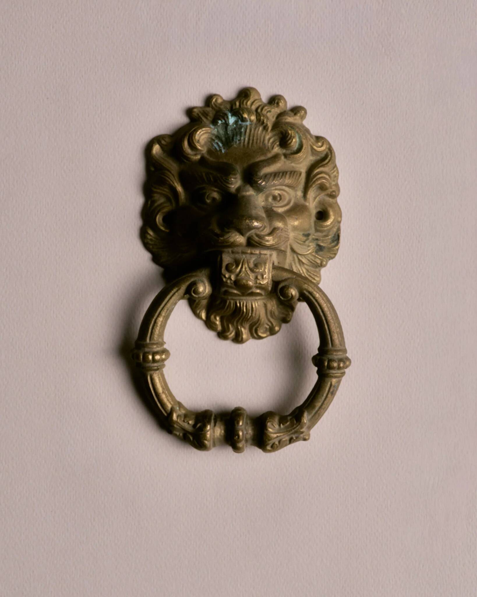 Lion door knocker, in brass