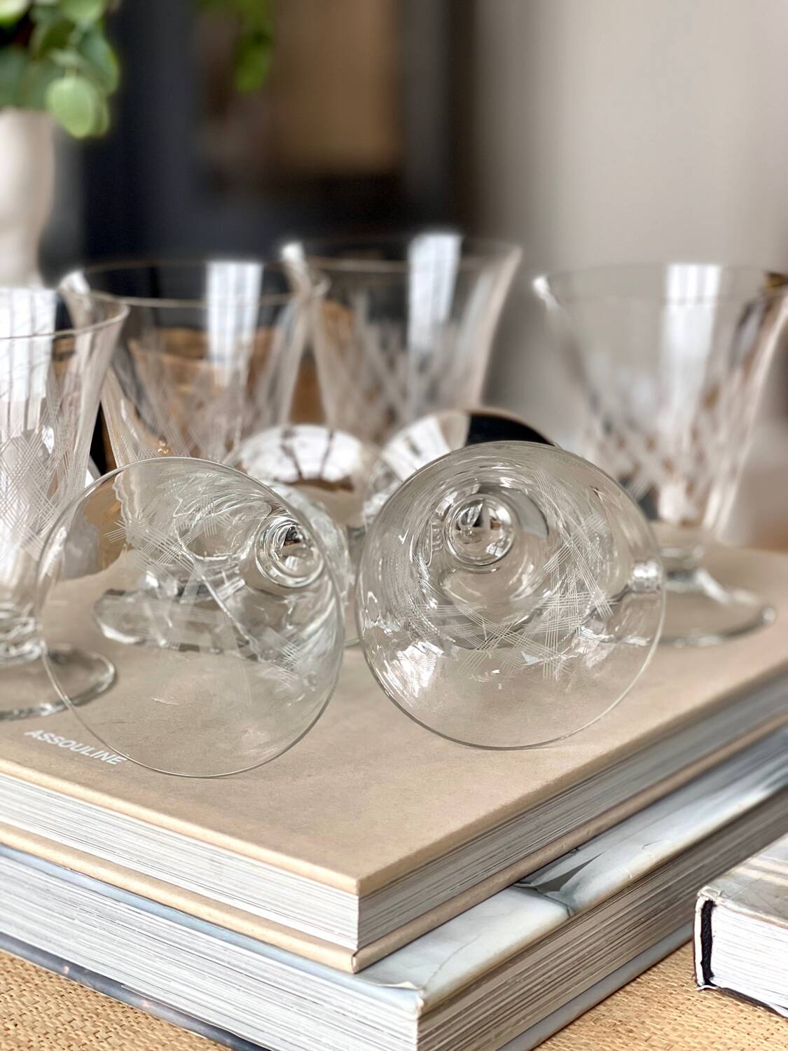 6 engraved wine glasses.