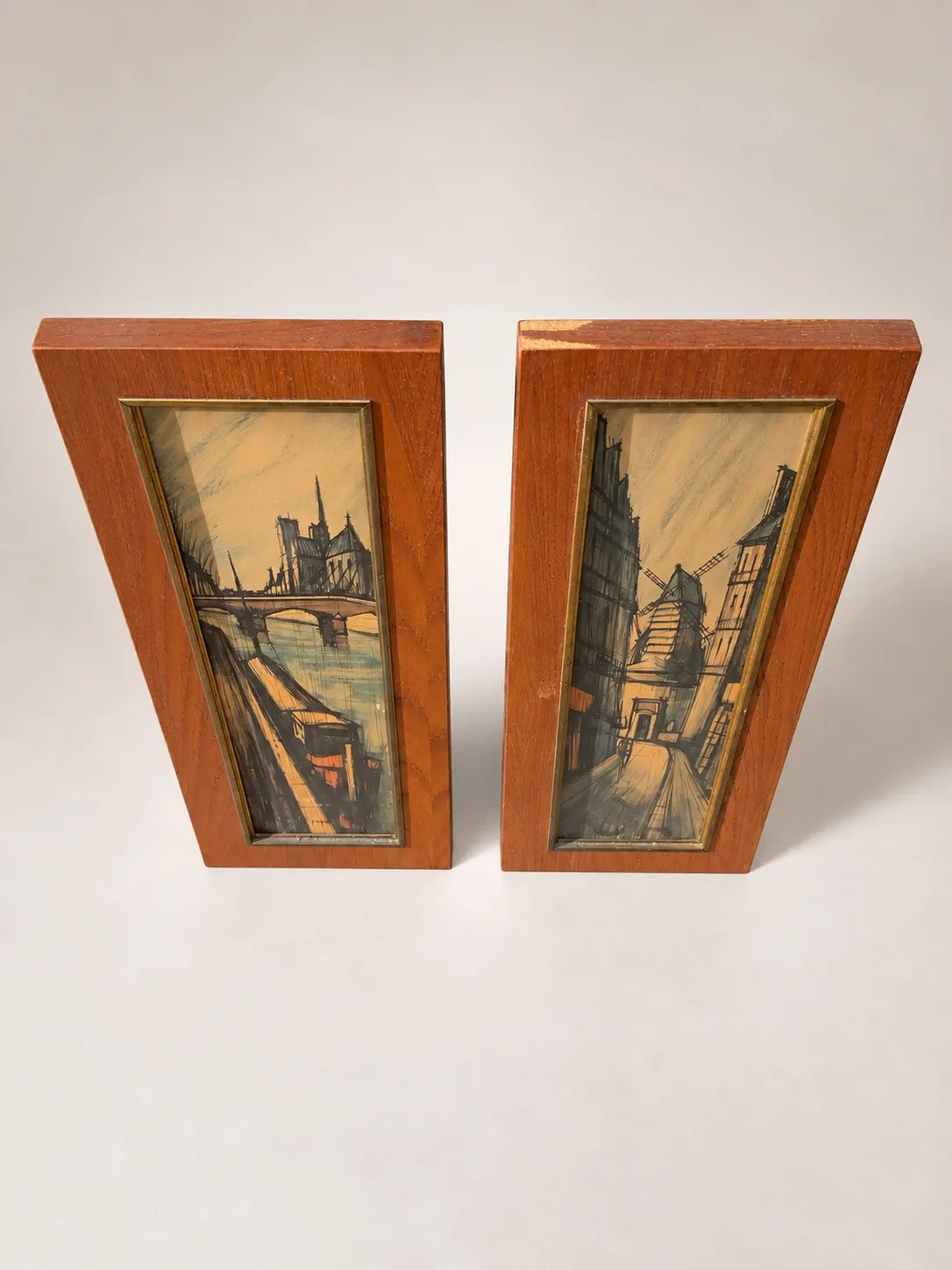 Set of 2 vintage paintings – Views of Paris – Wooden frames