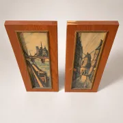 Set of 2 vintage paintings – Views of Paris – Wooden frames