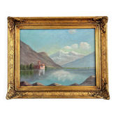 Vintage signed mountain lake landscape oil painting