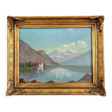 Vintage signed mountain lake landscape oil painting