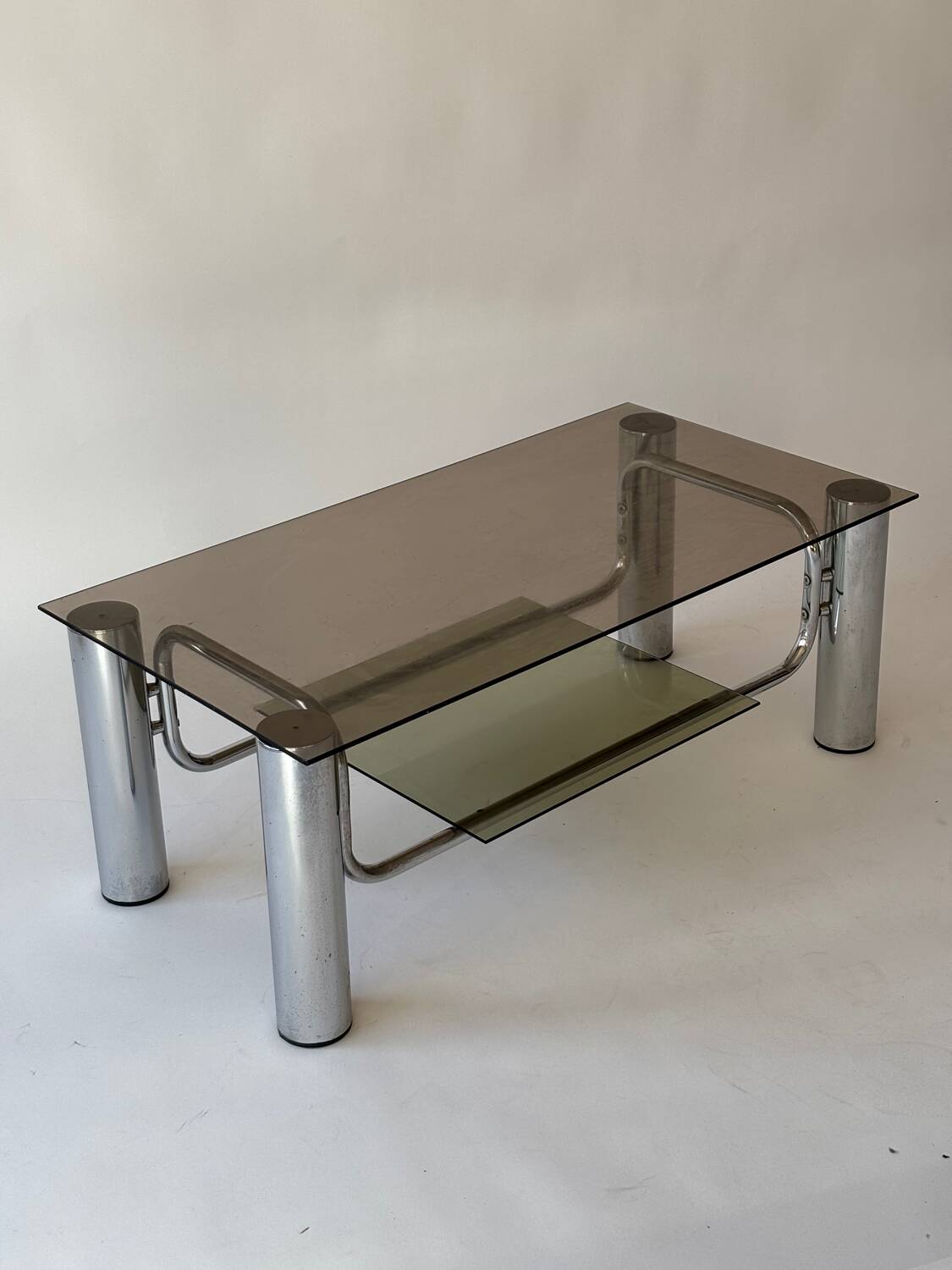 Chrome-plated metal and smoked glass coffee table, 1970