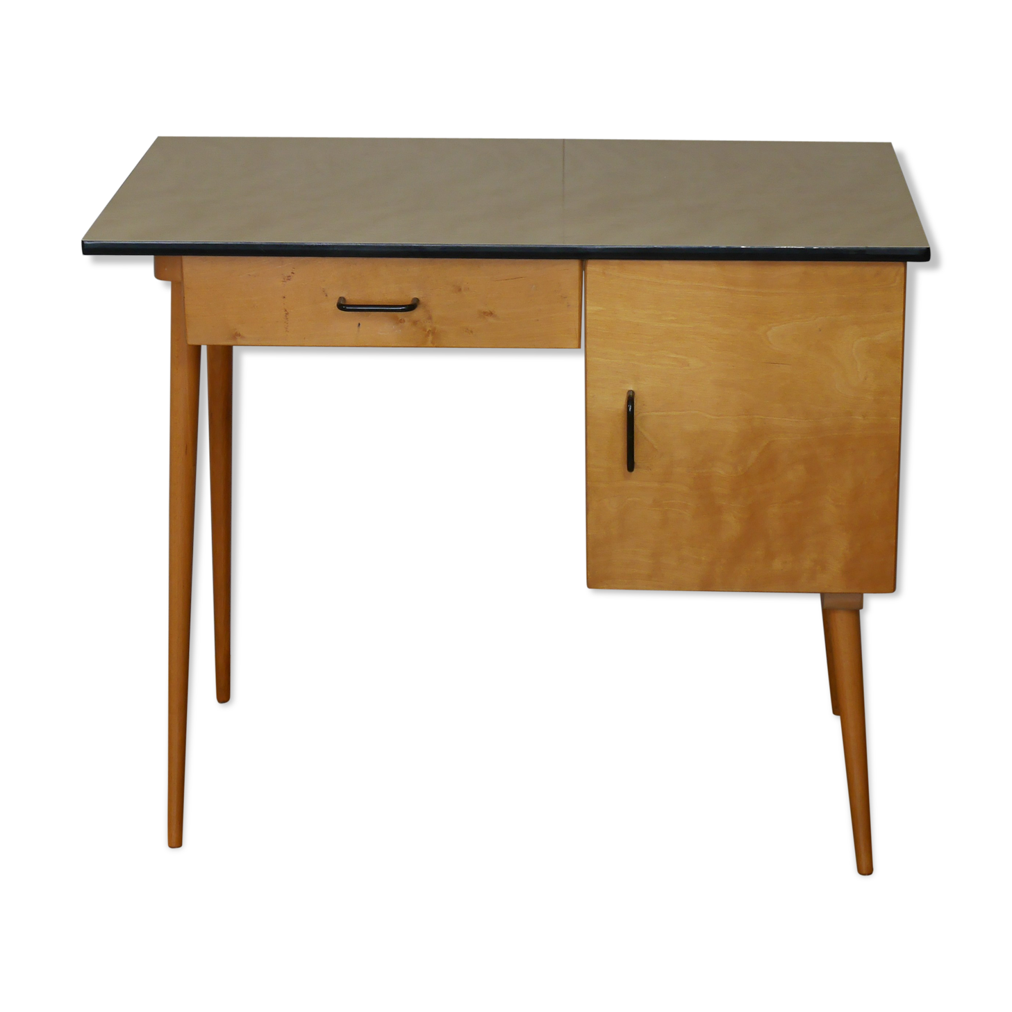Bureau en bois des années 50 60 pied compas Baumann