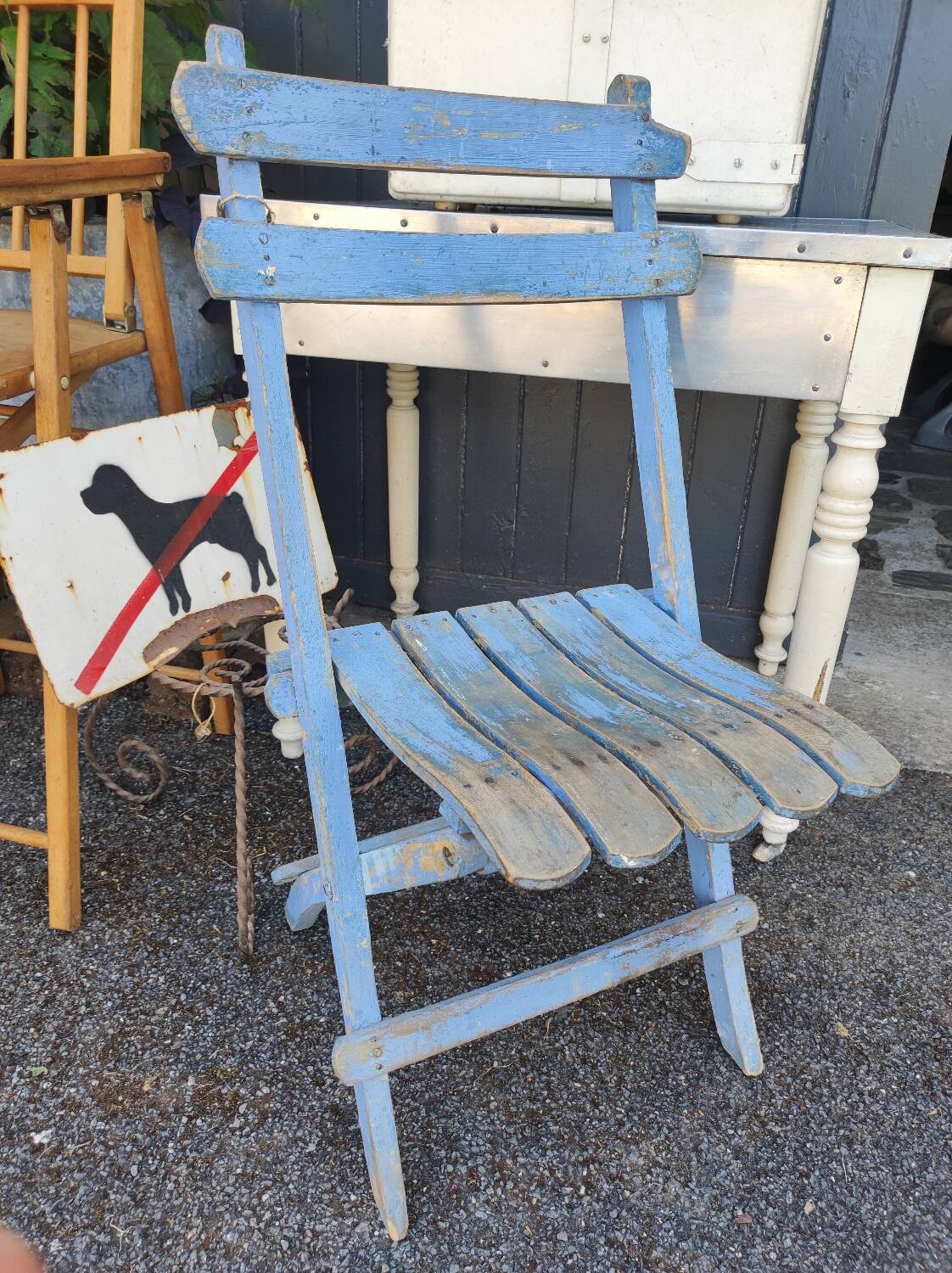 Vintage blue garden chair, wooden and folding