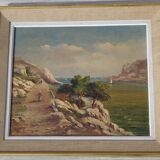Old oil on canvas, Mediterranean cove landscape