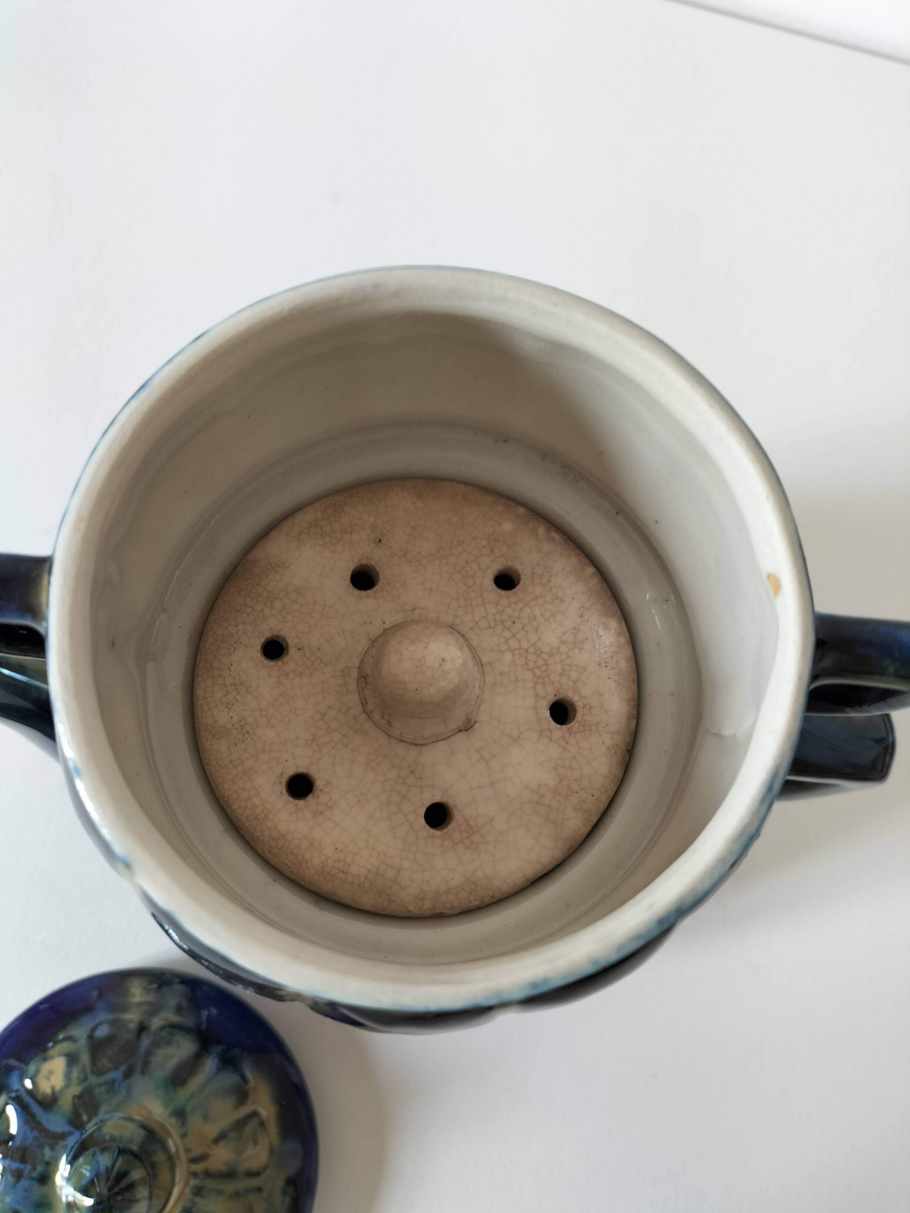 Midnight blue and flamed beige enameled ceramic filter coffee maker