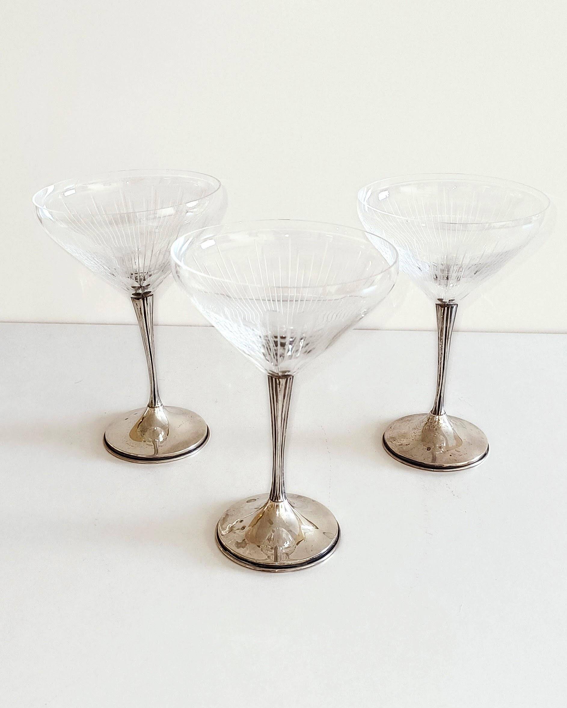 Art Deco Champagne Glasses Set of 3, Sterling Silver & Cut Glass