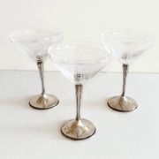 Art Deco Champagne Glasses Set of 3, Sterling Silver & Cut Glass