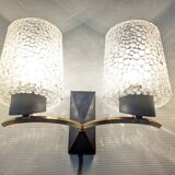 Pair of double wall lights in bubbled glass by Maison Arlus, France circa 1960.