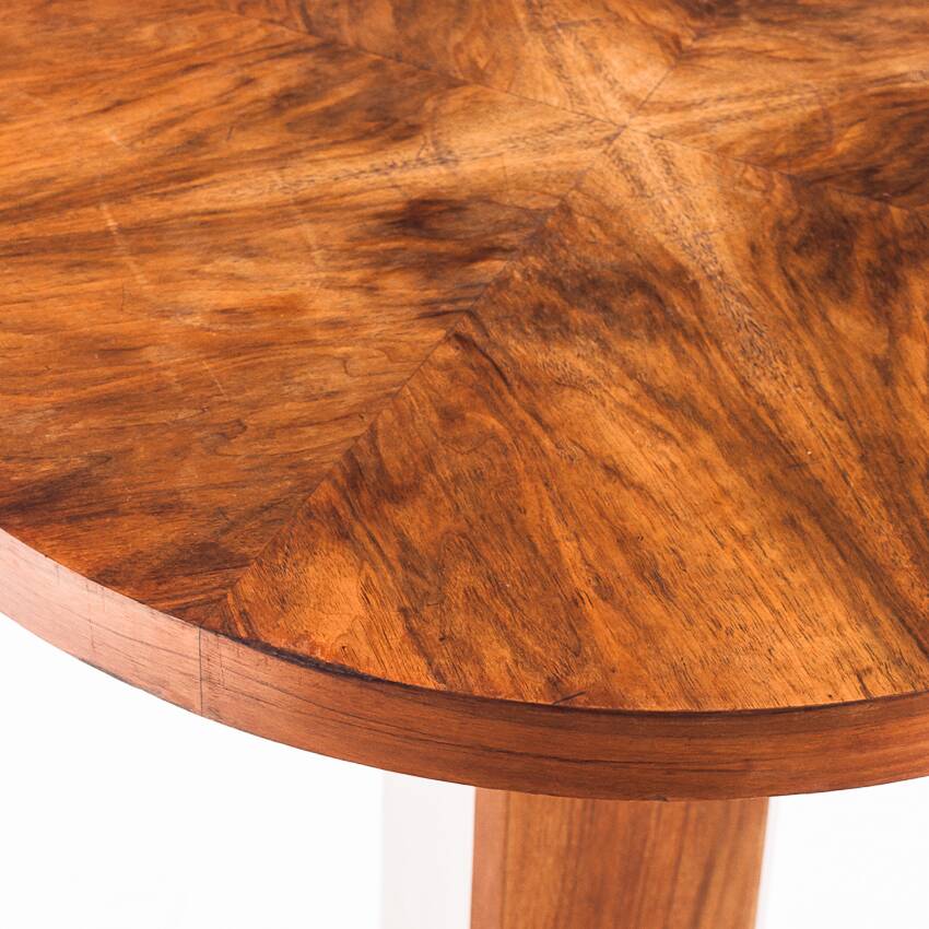 Art Deco style pedestal table in walnut wood veneer. France, 40's