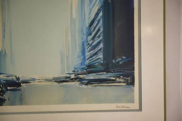 Futuristic lithograph of New York by Pierre Doutreleau 1970s