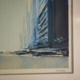 Futuristic lithograph of New York by Pierre Doutreleau 1970s