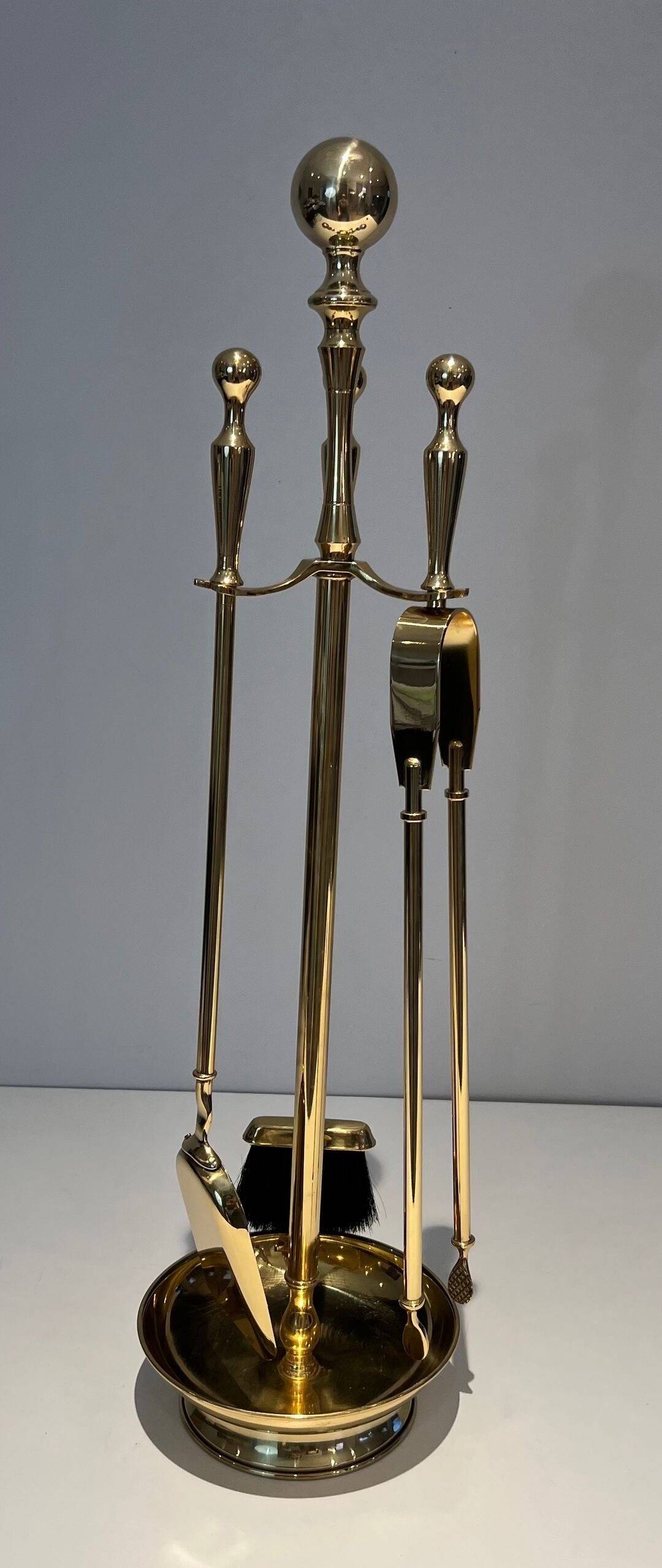 Neoclassical Fire Necessary in Polished Brass on Columnar Base Support
