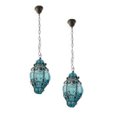 Blue Wrought Iron Murano Glass Light Pendants Set of 2
