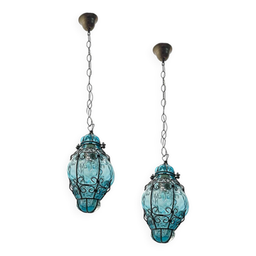 Blue Wrought Iron Murano Glass Light Pendants Set of 2