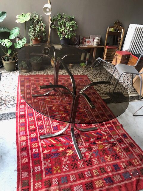 Vintage dining table chrome legs and smoked glass 1970
